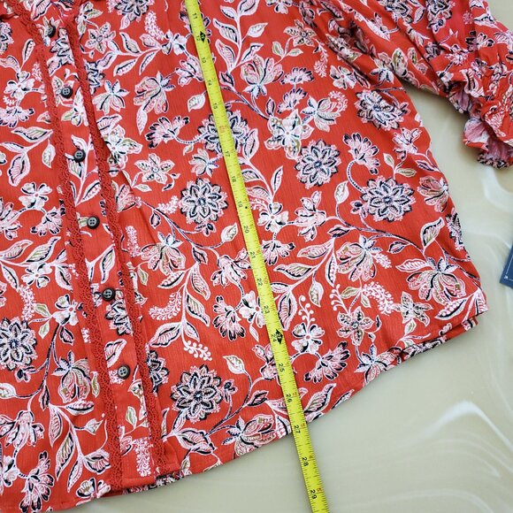 Democracy Poppy Red Multi Print 3/4 Sleeve Button Down Women's Top Size 2X - Picture 12 of 16